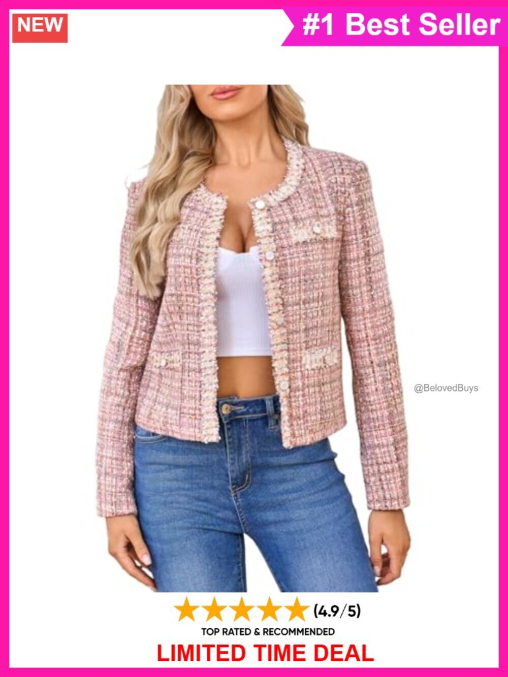 Cropped Tweed Plaid Blazer Lace Trim Open Front Business Casual